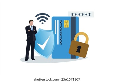 Vector man with big shield, padlock. Protection of banking information, debit, credit card data on Internet, Wi-Fi. Authorization with password, code on account. Contactless payment by plastic card.
