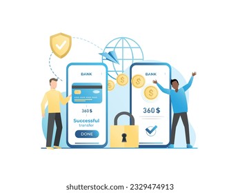 Vector man with big smartphone sends, transfers money from credit, debit card to electronic wallet, account. Guy gets coins from successful transaction. Online banking with data protection on Internet