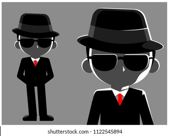 Vector man in black suit character, spy, secret agent