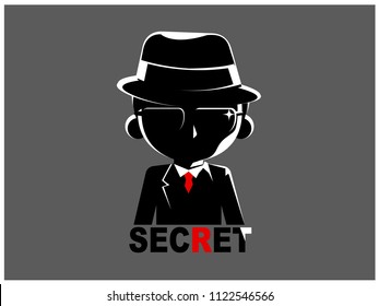 Vector man in black suit character, spy, secret agent logo