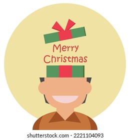 Vector Man or boy think , miss about christmas day , gift box in head with text merry christmas. Illustration vector christmas day background sale concept. use for Xmas day festival ,winter gift sale.
