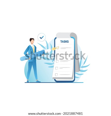Vector man in business suit with big pen notes, puts check mark on completed tasks in list, writes on paper, in notebook, wallet, questionnaire. Checklist, organization, day planning. Productivity.
