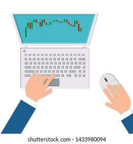 Vector man businessman working on a stock exchange with financial charts with Japanese candles on the workplace desk with a mouse and modern digital computer laptop top view, flat lay