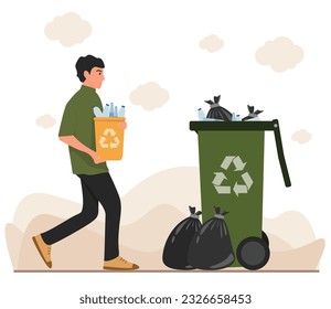 Vector man carrying trash can for littering in big trash can for recycle concept illustration