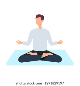 Vector man in casual outfit sitting in lotus posture practicing yoga. Male character at relaxation session. Concept of meditation, healthy lifestyle. Isolated illustration