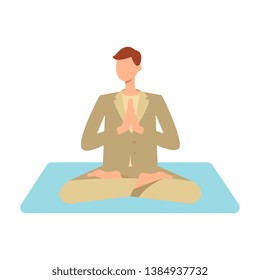 Vector man in casual outfit sitting in lotus posture practicing yoga. Male character at relaxation session. Concept of meditation, healthy lifestyle. Isolated illustration