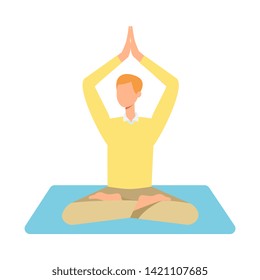 Vector man in casual outfit sitting in lotus posture practicing yoga. Male character at relaxation session. Concept of meditation, healthy lifestyle. Isolated illustration