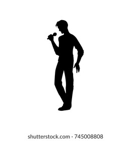 vector man caucasian portrait full lenght silhouette singing with microphone. Isolated illustration on white background. Karaoke club design logo elements