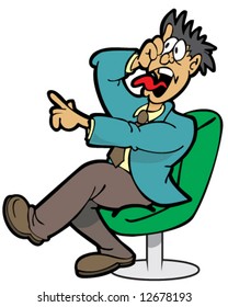 vector of man in chair, pointing, with a surprised expression
