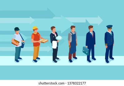 Vector of a man changing his occupation. Career growth concept 