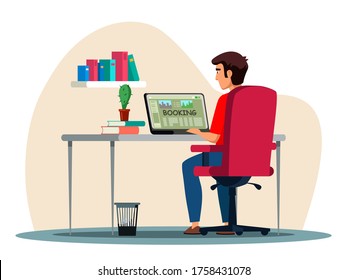 Vector man character going to trip booking tour online. Travel agency service. Guy sitting front of computer at table. Home room interior. Voyage on summer vacation. Travelling on holidays