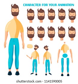 Vector man character for your scenes.Character ready for animation. Set for character speaks animations. Game design illustration. Flat vector illustration. Face emotions.