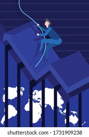 Vector of a man climbing up to the growing economy chart, with a background of ascending arrow on a chart.