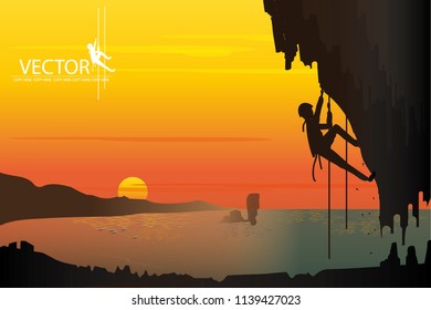 vector man climbing the rock mountain on seaview background