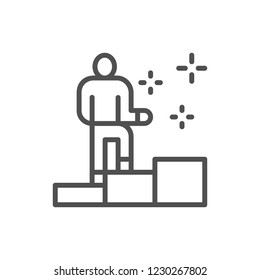 Vector man climbs pedestal, champion, leader, winner line icon. Symbol and sign illustration design. Isolated on white background