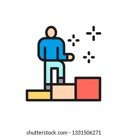 Vector man climbs pedestal, champion, leader, winner flat color line icon.