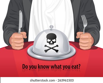 Vector Man and Closed Cloche with Skull & Crossbones - Do you know what you eat?