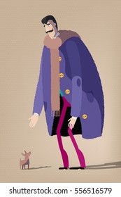 Vector man in a coat and scarf. The man bent down to the little dog