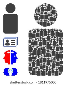 Vector man collage is designed of random recursive man pictograms. Recursive composition of man. Some other icons are present in this vector.