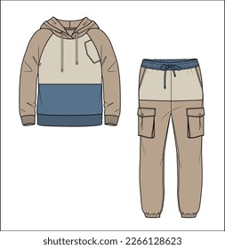 Vector man color block sweatshirt and side pockets fashion CAD  long sleeved hooded sweatshirt technical drawing  template  sketch  flat  Fleece woven fabric sweatshirt   cargo sweatpants