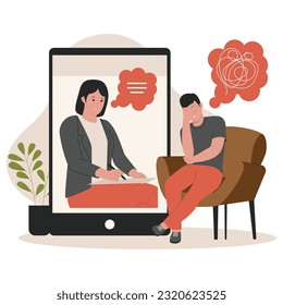 Vector del hombre consultando psicólogo en línea. Ilustración para sitio web, página de inicio, aplicación móvil, afiche y banner. Ilustración vectorial plana de moda