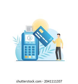 El vector paga sin contacto por compras con tarjeta de crédito grande en postterminal con el sistema NSF de control de funcionamiento exitoso. Servicio de banca, negocios para hombres. Dinero electrónico en Internet.