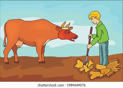 vector of a man and cow in field
