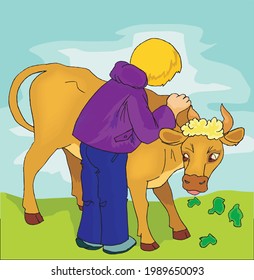 vector of a man and cow in field