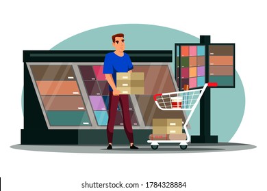 Vector man customer character choosing constructional material putting glue, stoneware tile floor or wall coating into shopping trolley cart. Hardware store interior design. Stand showcase with goods