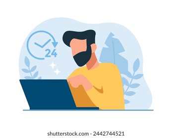 Vector of a man customer service, hotline operator consulting customers online. Technical support concept 