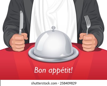 Vector Man with Cutlery with Cloche Dome on the Table in front of Him 