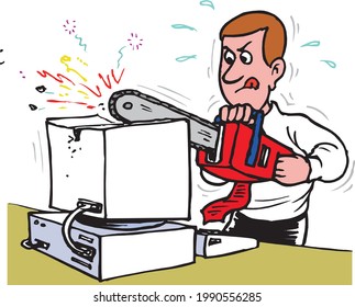vector of a man cutting computer with chainsaw