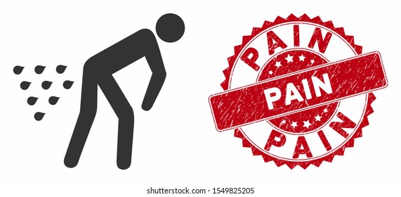 Vector man diarrhea icon and distressed round stamp seal with Pain caption. Flat man diarrhea icon is isolated on a white background. Pain stamp seal uses red color and grunge design.