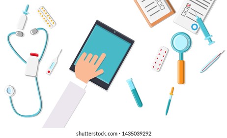 Vector man doctor working his hands in the workplace in the office with a mobile tablet top view, flat lay. Concept: Digital modern smart IT and new computer technologies in medicine
