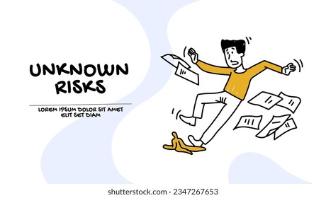 vector of a man with documents slipping on a banana skin. Unknown risks in business concept 