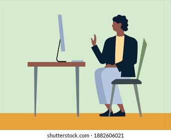A vector of a man doing online meeting by using his desktop