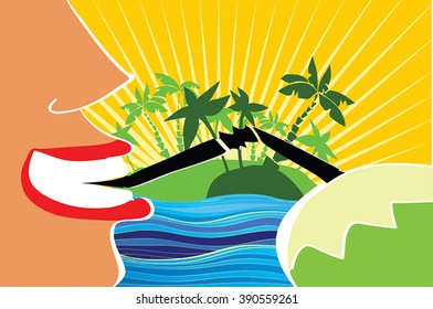 Vector Man Drinking Coconut Water on Tropical  Background. Tourist man drink coconut use tube, happy smiling. Sun,sea, island, yellow sunburst sky, horizontal banner. Motivational retro poster.