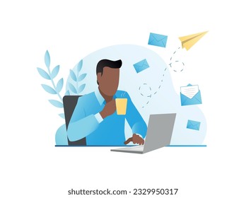 Vector man drinking cup of tea, checking email, writing, answering messages, sending sms to paper airplanes, receiving letters in envelope. Correspondence in social networks, messenger, communication.