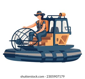 vector of man driving a hovercraft over white