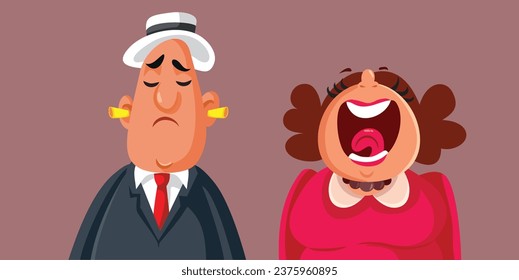 
Vector Man with Earplugs Not Listening to his Nagging Wife. Unhappy couple feeling stressed and enraged 
