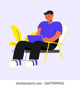Vector of man enjoying her work while work from home on his relaxing chair