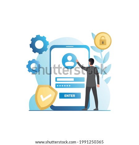 Vector man enters username, password, personal data, access key, account login details, website, social networks, app. Guy signs up on Internet. Data protection, security in smartphone with shield.