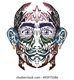 Vector man face with tattoo. Lines colored version. Can be used for your print on t-shirt or poster in tattoo salon.