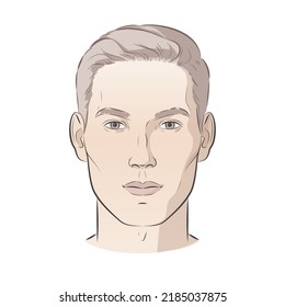 Vector man face. Young handsome male with trendy hairdo has serious expression. Front portrait. Black line realistic vintage illustration.