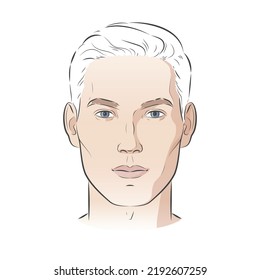 Vector man face. Young handsome male with trendy hairdo has serious expression. Front portrait. Black line realistic vintage illustration.