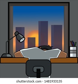 vector of a man 
fall asleep after studying at night until dawn