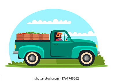 Vector man farmer agrarian character taking fresh ripe vegetable crop to street farm market for sale by car truck. Harvesting season. Harvest delivery, organic vegan food transportation