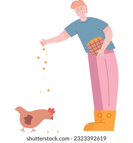 Vector man feeding hen icon isolated on white