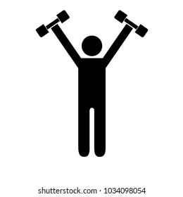 Vector man figure holding dumbbells on above his shoulders. All pieces isolated.