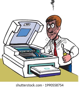 vector of a man fixing printer